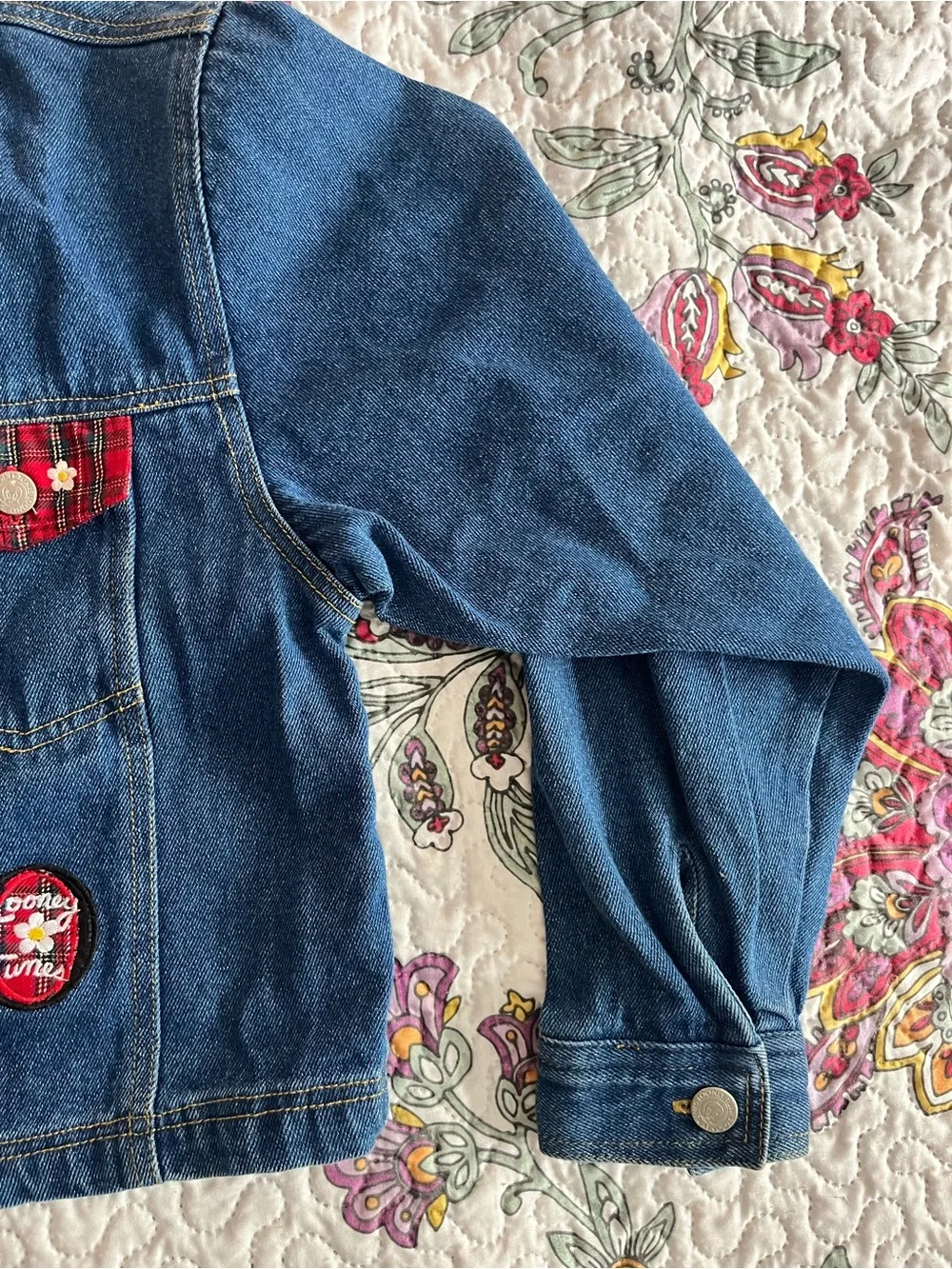 Vintage 1997 90’s Tweedy Bird Denim Jacket youth kids Size 14 Red Plaid Heart